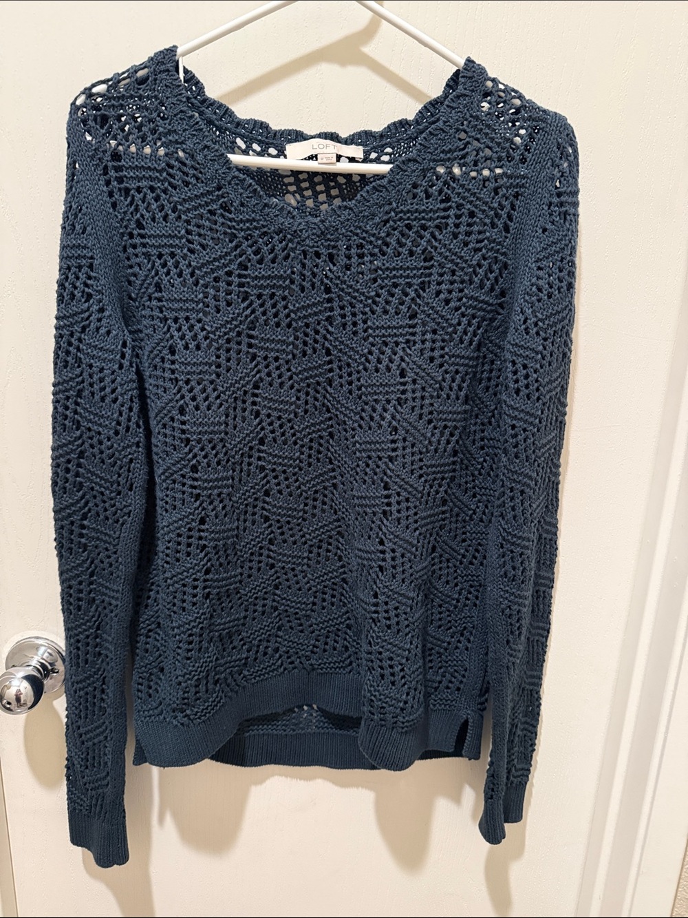 LOFT Dark Navy Open-Knit Crewneck Sweater